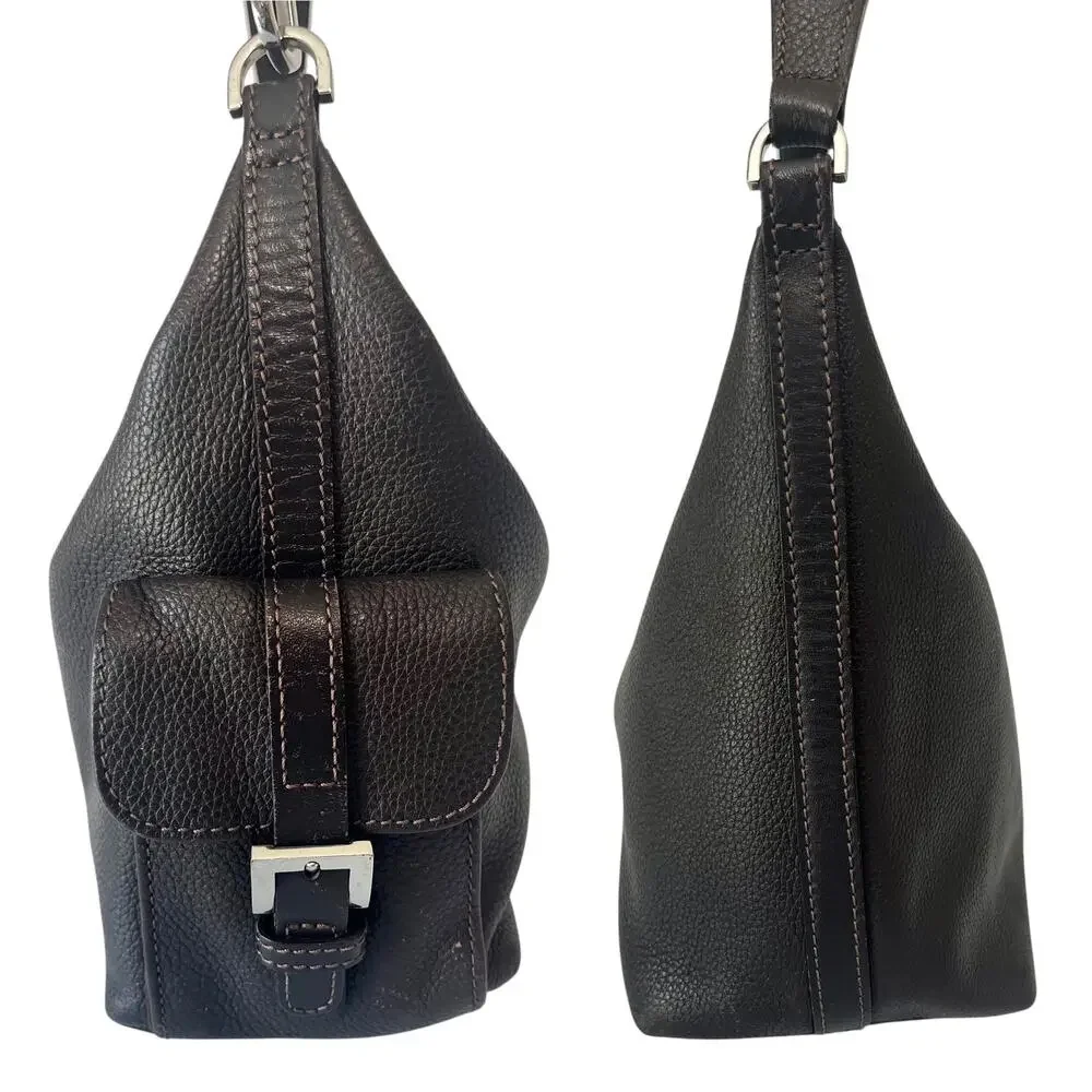 Longchamp Dark Brown Pebbled Leather Structured Shoulder Bag Vintage Handbag